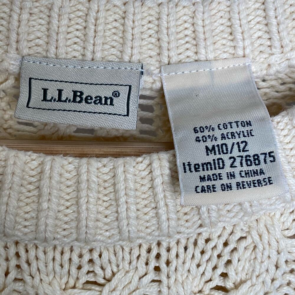 L.L. Bean Youth Irish Cable Knit Crew Neck Sweater Cream size M 10/12 - Picture 2 of 5